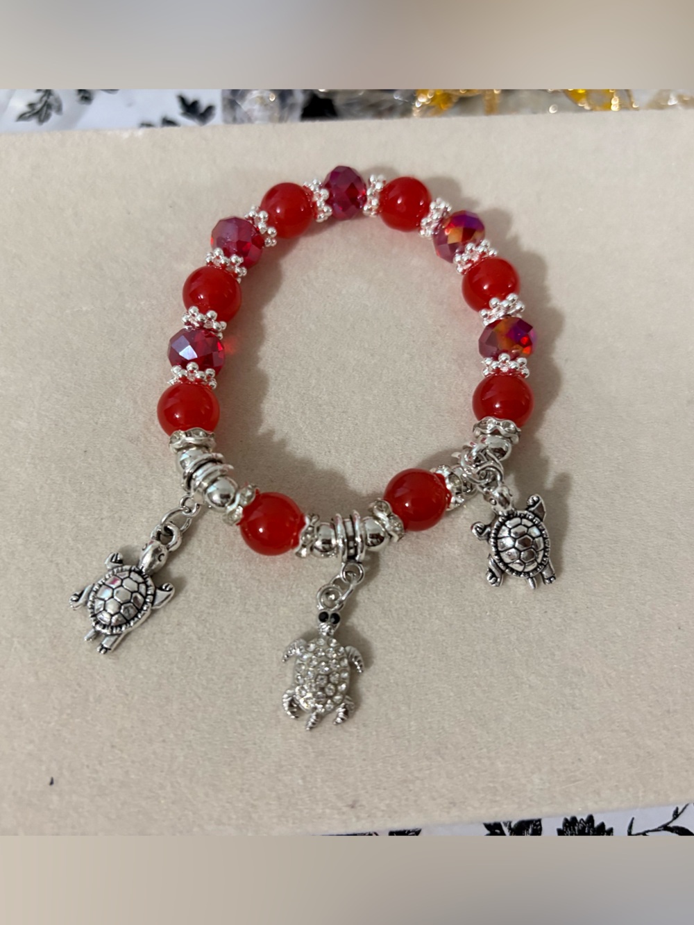Red Beaded Turtle Charm Bracelet - Women's Jewelry